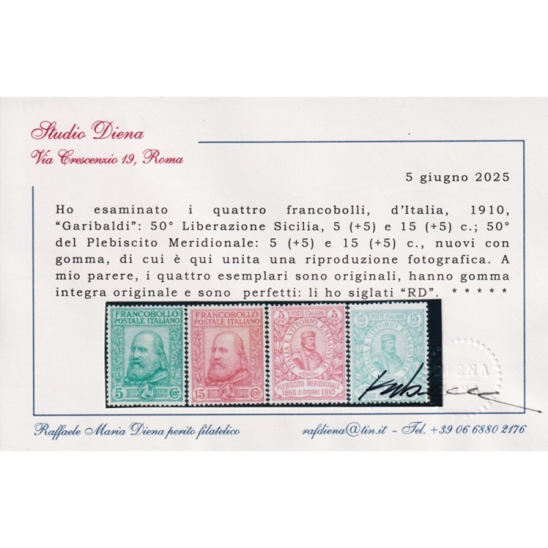 REGNO D'ITALIA 1910 GARIBALDI 4 VALORI G.I MNH** CERT.  | Filatelia...