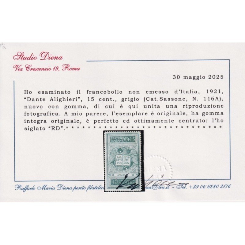 REGNO 1921 DANTE ALIGHIERI 15 C. NON EMESSO N.116A G.I MNH** CENTRA...