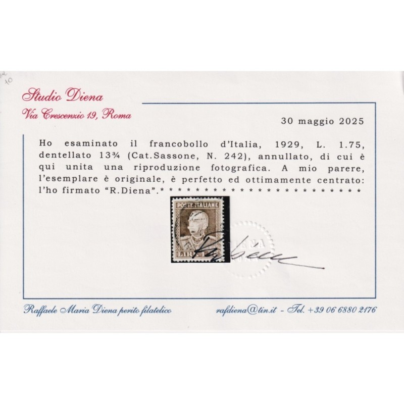 REGNO D'ITALIA 1929 PARMEGGIANI 1,75 LIRE N.242 US. CENTRATO CERT. ...