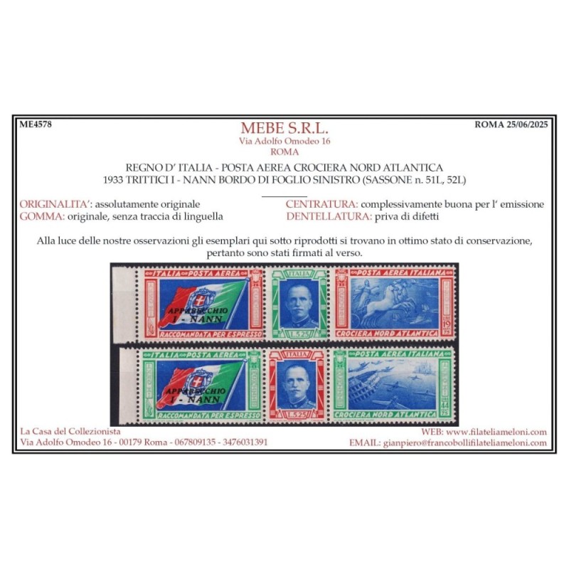 REGNO 1933 TRITTICO CROCIERA NORD ATLANTICA I – NANN G.I MNH** CERT...