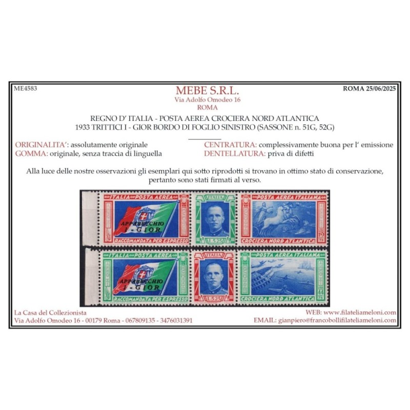 REGNO 1933 TRITTICO CROCIERA NORD ATLANTICA I – GIOR G.I MNH** CERT...