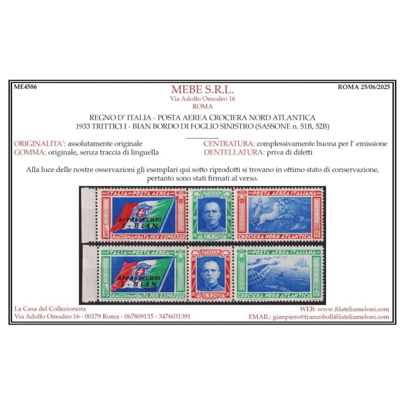 REGNO 1933 TRITTICO CROCIERA NORD ATLANTICA I – BIAN G.I MNH** CERT...