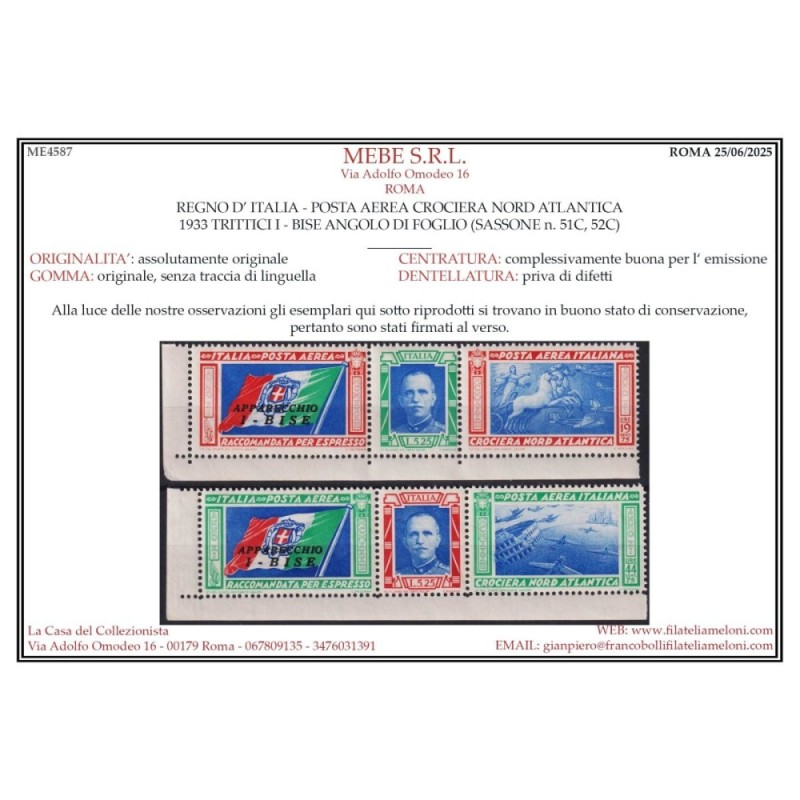 REGNO 1933 TRITTICO CROCIERA NORD ATLANTICA I – BISE G.I MNH** CERT...