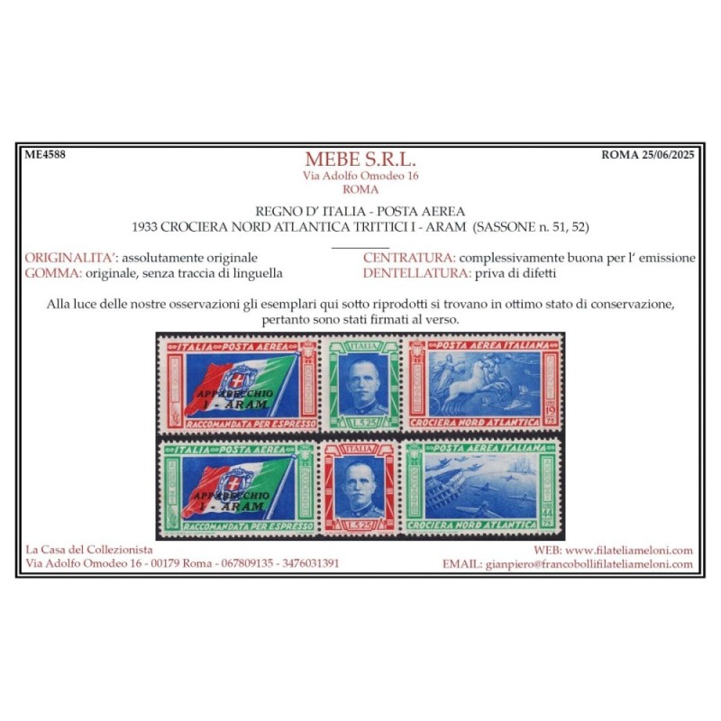 REGNO 1933 TRITTICO CROCIERA NORD ATLANTICA I – ARAM G.I MNH** CERT...
