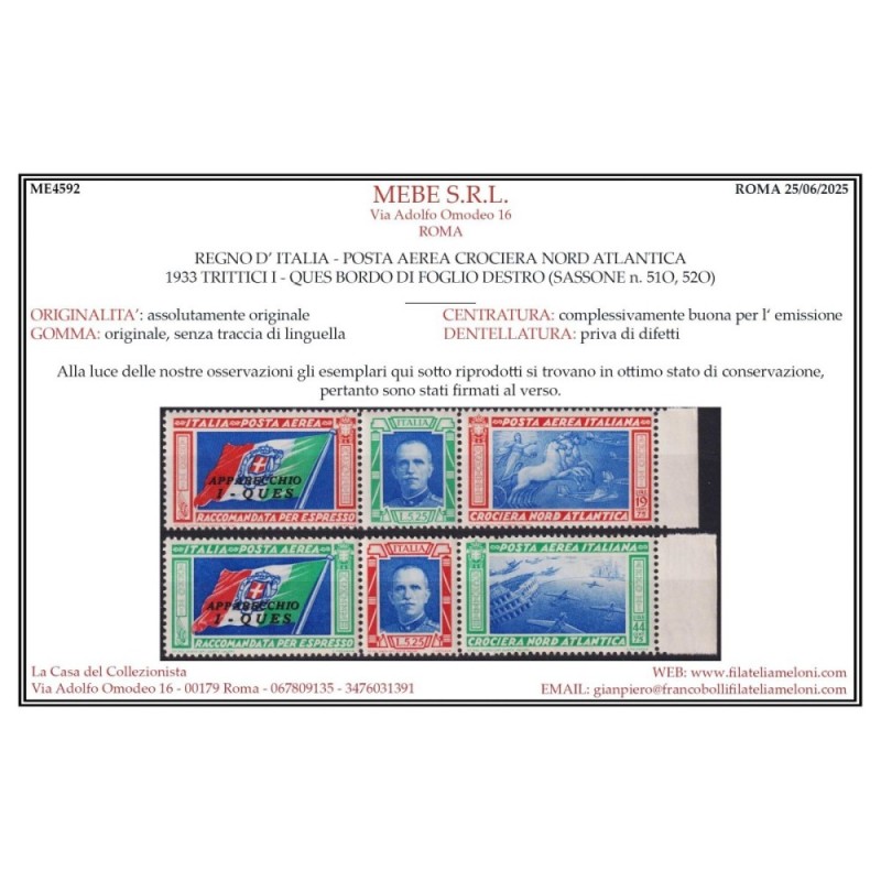 REGNO 1933 TRITTICO CROCIERA NORD ATLANTICA I – QUES G.I MNH** CERT...
