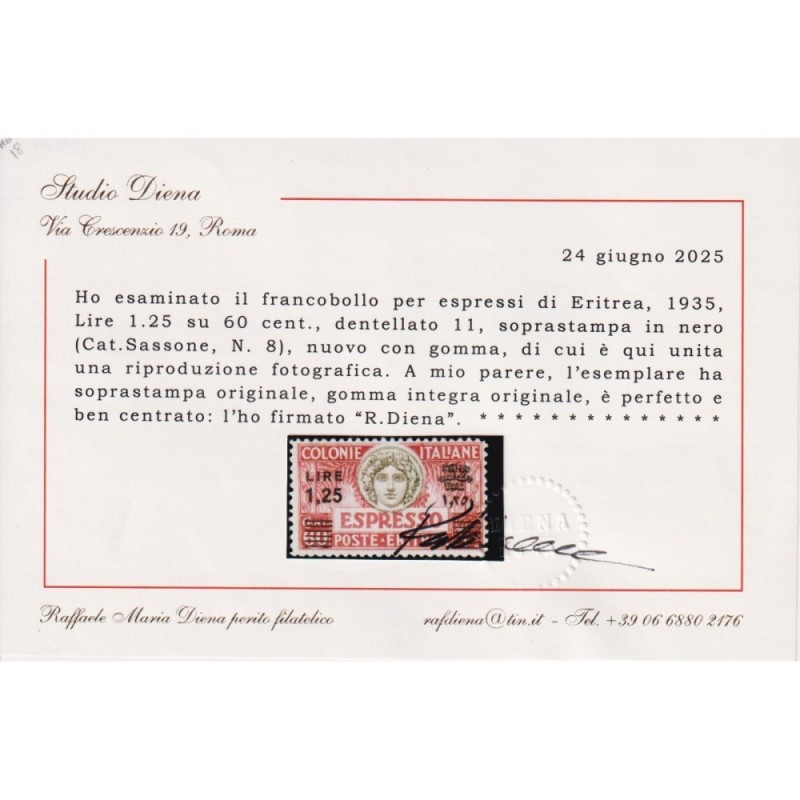 COLONIE ERITREA 1927-35 ESPRESSO RARO 1,25 SU 60 CENT. N.8 G.I MNH*...