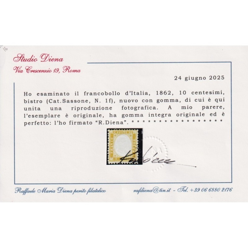 REGNO D'ITALIA 1862 10 CENTESIMI BISTRO N.1 G.I MNH** CERT.  | Fila...