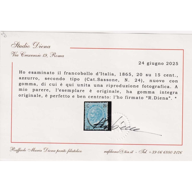 REGNO D'ITALIA 1865 FERRO DI CAVALLO II TIPO N.24 G.I MNH** CERT.  ...