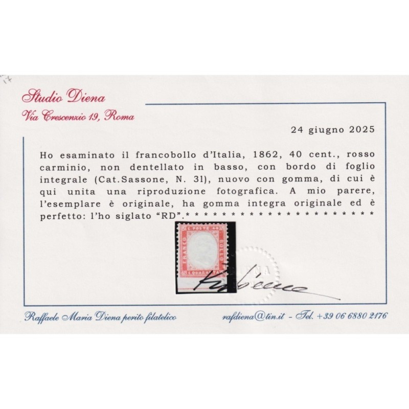 REGNO D'ITALIA 1862 40 CENT. VARIETA' BORDO INTEGRALE N.3l G.I MNH*...