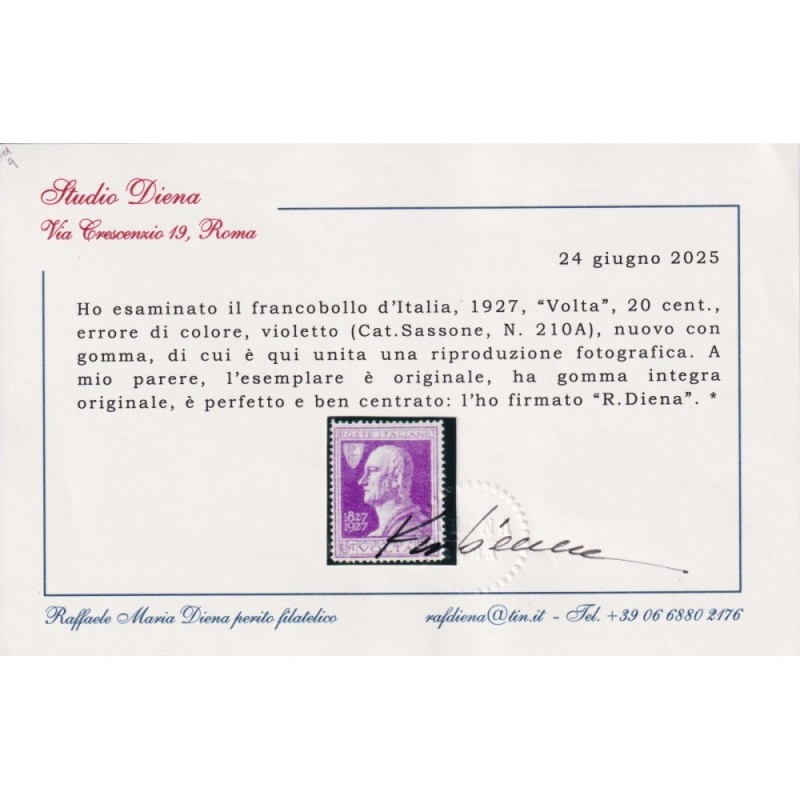 REGNO D'ITALIA 1927 VOLTA VIOLETTO N.210A G.I MNH** CERT. BEN CENTR...