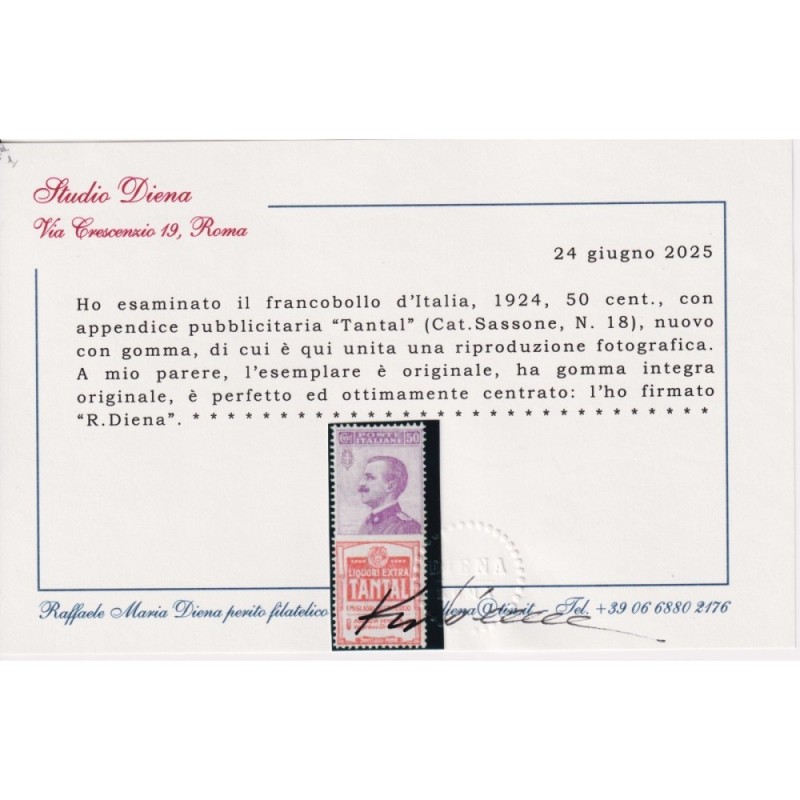 REGNO PUBBLICITARI 1924 50 CENTESIMI TANTAL N.18 G.I MNH** CENTRATO...