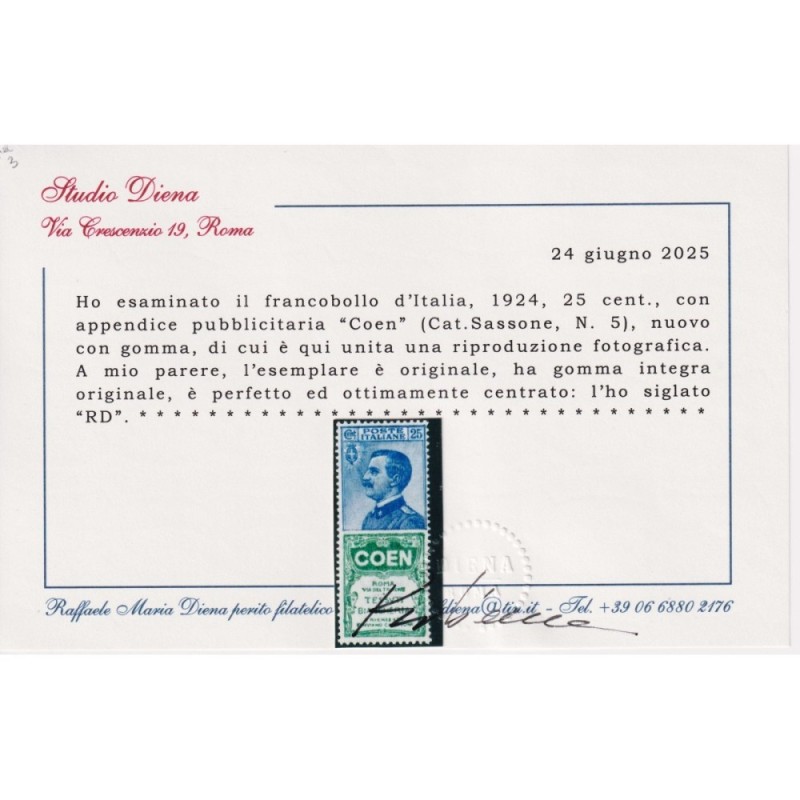 REGNO PUBBLICITARI 1924 25 CENTESIMI COEN N.5 G.I MNH** CENTRATO CE... REGNO PUBBLICITARI 1924 25 CENTESIMI COEN N.5 G.I MNH** CENTRATO CE...