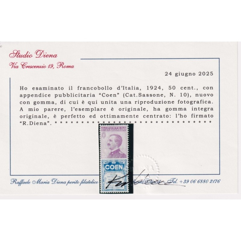 REGNO PUBBLICITARI 1924 50 CENTESIMI COEN N.10 G.I MNH** CERT. CENT...