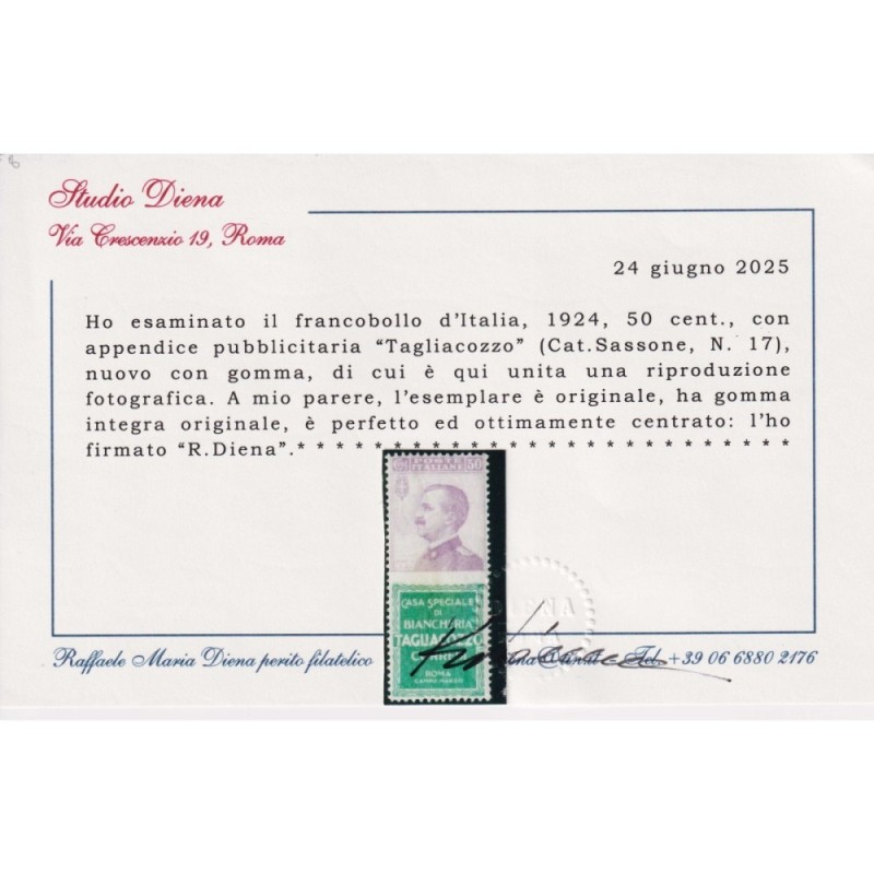 REGNO PUBBLICITARI 1924 50 CENTESIMI TAGLIACOZZO N.17 G.I MNH** CER...