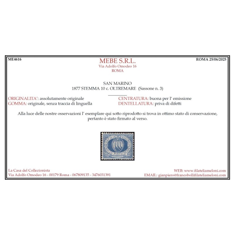SAN MARINO 1877-90 STEMMA 10 CENTESIMI N.3 G.I MNH** CENTRATO CERT....