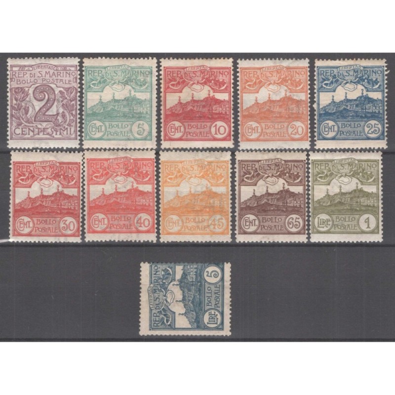 SAN MARINO 1903 CIFRA E VEDUTA SERIETTA 11 V. G.O MH* 5 LIRE G.I MN...