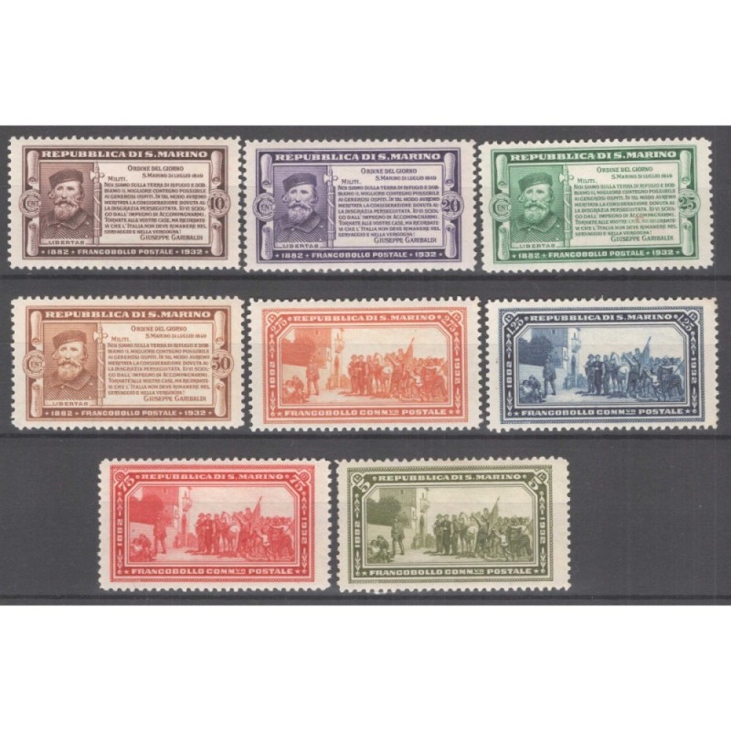 SAN MARINO 1932 CINQUANTENARIO MORTE GARIBALDI 8 V. G.I MNH** CERT....