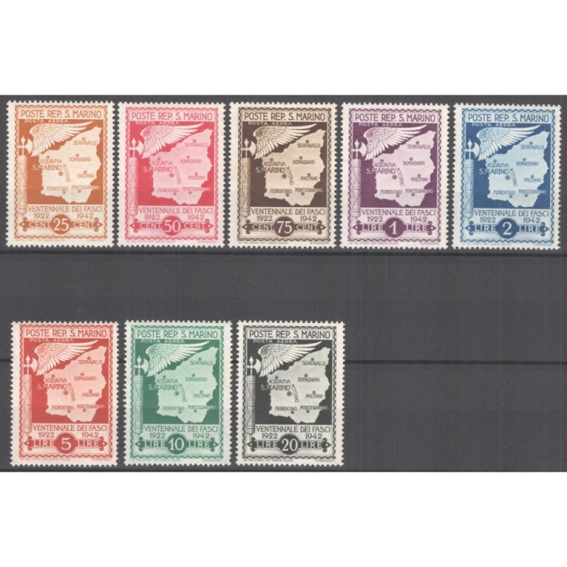 SAN MARINO 1943 P/A VENTENNALE DEI FASCI 8 V. G.I MNH** CERT.  | Fi...