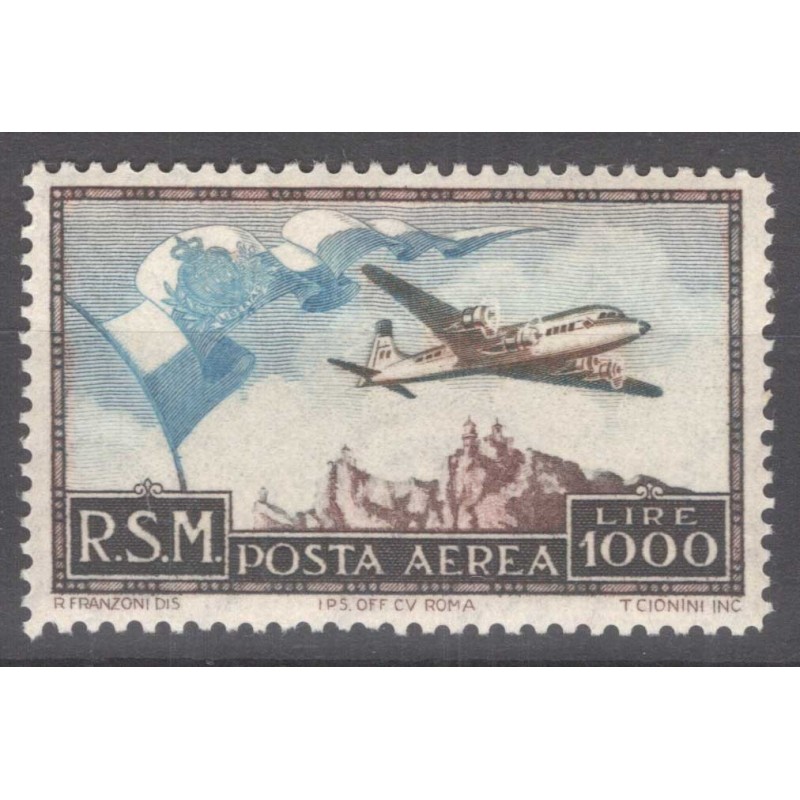 SAN MARINO 1951 POSTA AEREA BANDIERA 1000 LIRE N.99 G.I MNH** CERT....