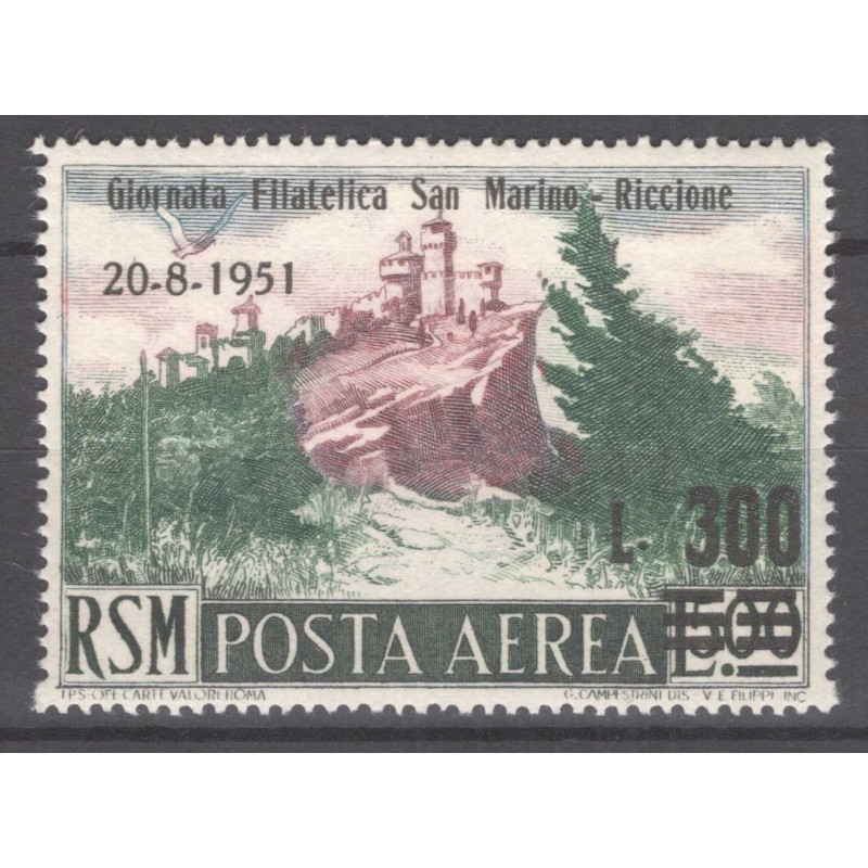 SAN MARINO 1951 POSTA AEREA VEDUTA 300 LIRE SU 500 LIRE N.98 G.I MN...