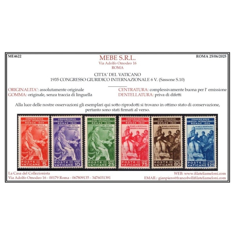 VATICANO PIO XI 1935 CONGRESSO GIURIDICO 6 V. G.I MNH** CERT.  | Fi...