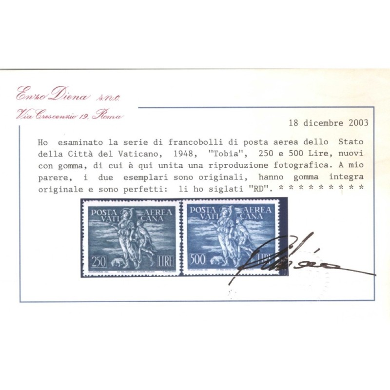 VATICANO PIO XII 1948 POSTA AEREA TOBIA 2 VALORI G.I MNH** CERT.  |...