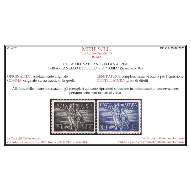 VATICANO PIO XII 1948 POSTA AEREA TOBIA 2 VALORI G.I MNH** CERT.  |...