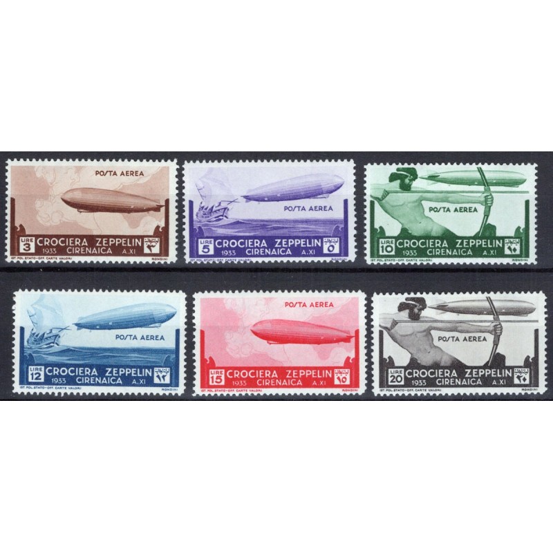 COLONIE CIRENAICA 1933 POSTA AEREA CROCIERA ZEPPELIN 6 VALORI G.O M...