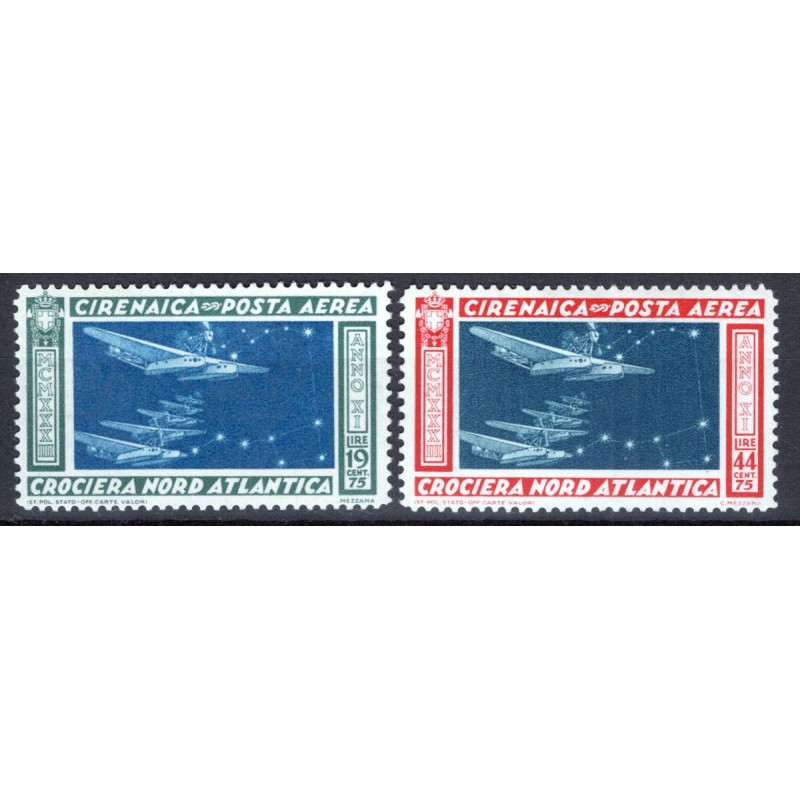 COLONIE CIRENAICA 1933 POSTA AEREA CROCIERA BALBO 2 VALORI G.I MNH*...