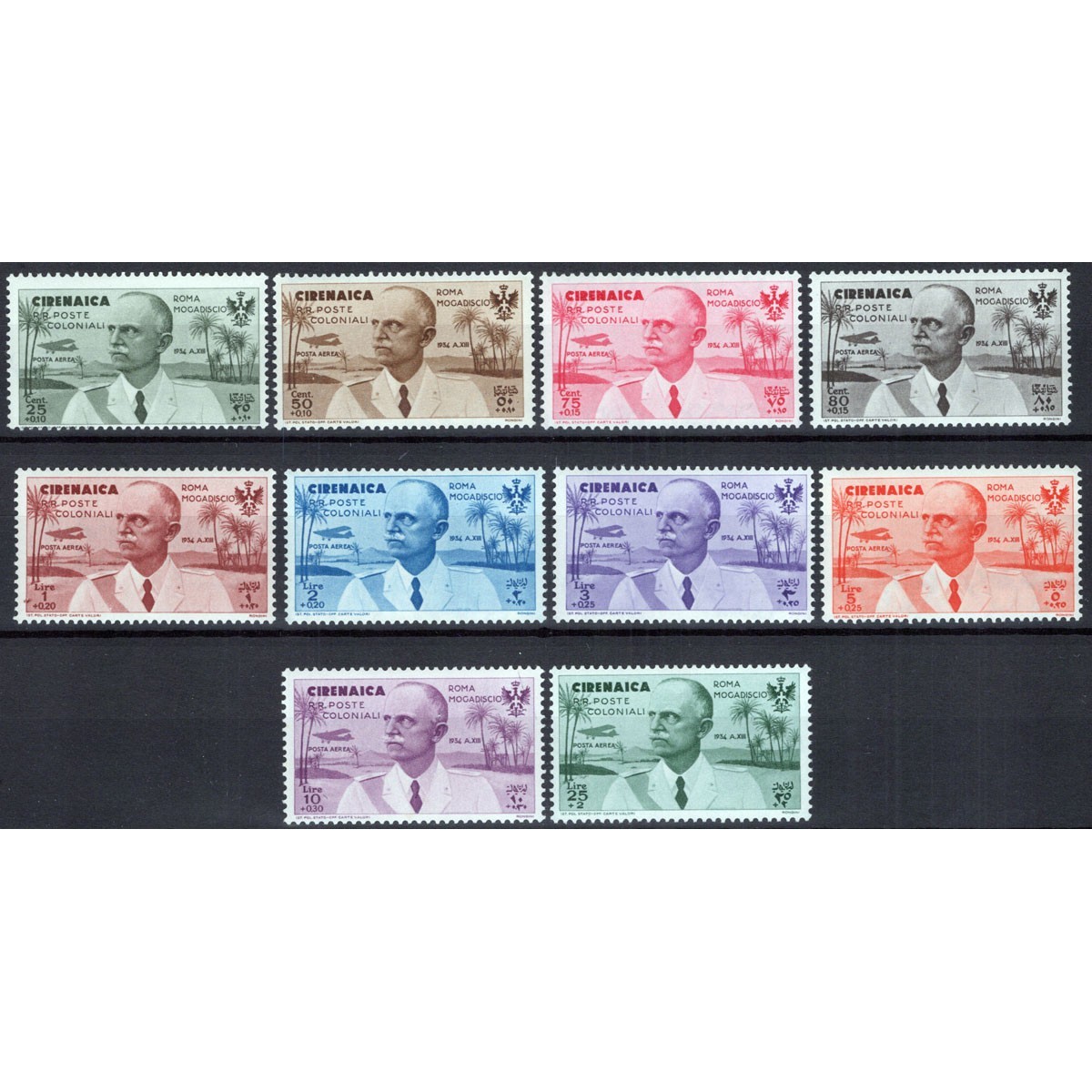 COLONIE CIRENAICA 1934 POSTA AEREA VOLO ROMA MOGADISCIO 10 VALORI G... COLONIE CIRENAICA 1934 POSTA AEREA VOLO ROMA MOGADISCIO 10 VALORI G...