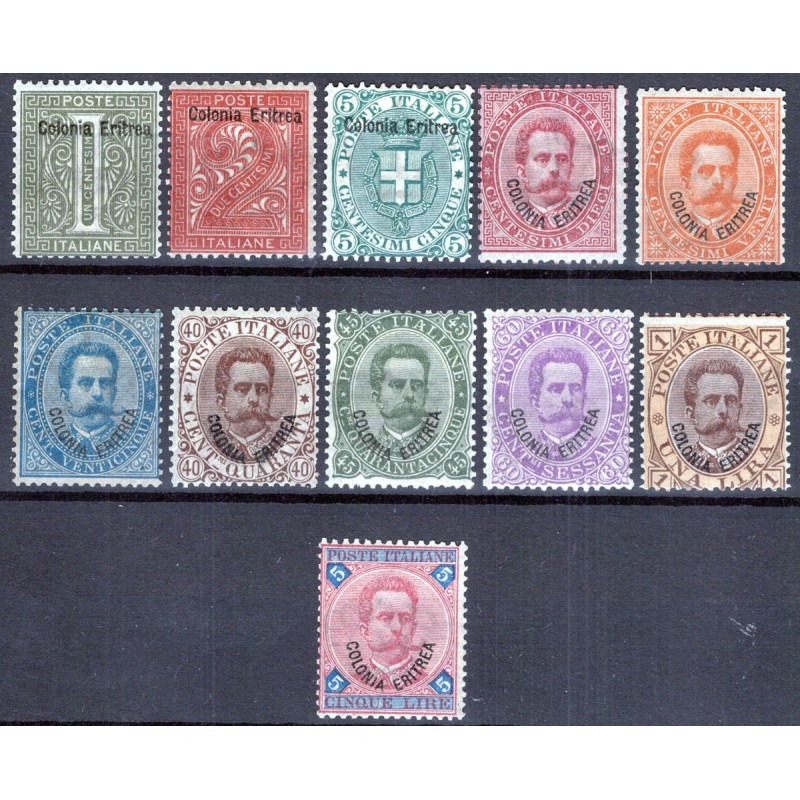 COLONIE ERITREA 1893 SERIE COMPLETA 11 VALORI G.I MNH** CERT.  | Fi...
