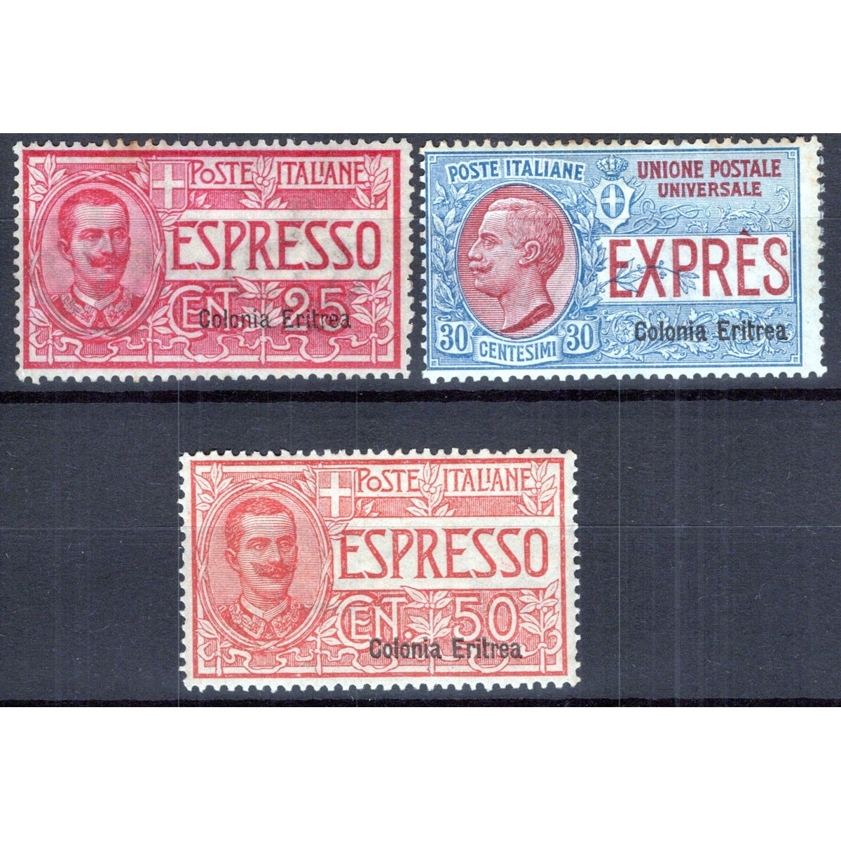COLONIE ERITREA 1907-21 ESPRESSI 3 VALORI N.1-3 G.I MNH** 30 C. G.O... COLONIE ERITREA 1907-21 ESPRESSI 3 VALORI N.1-3 G.I MNH** 30 C. G.O...