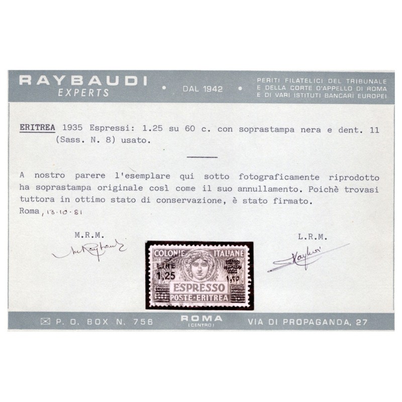 COLONIE ERITREA 1927-35 ESPRESSO 1,25 LIRE SU 60 CENT. N.8 US. CERT...