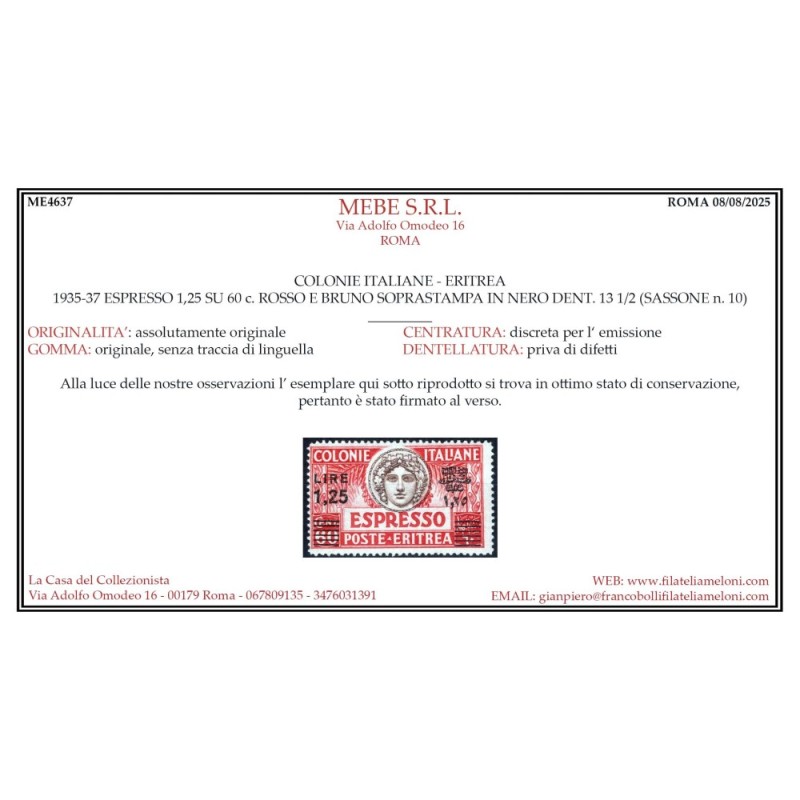 COLONIE ERITREA 1935-37 ESPRESSO 1,25 LIRE SU 60 CENT. N.10 G.I MNH...