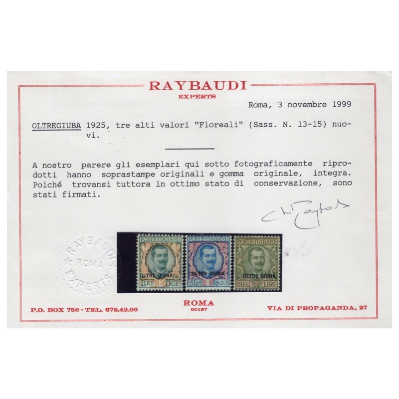 COLONIE OLTRE GIUBA 1925 FRANCOBOLLI SOPR. 15 VALORI G.I MNH** CERT...