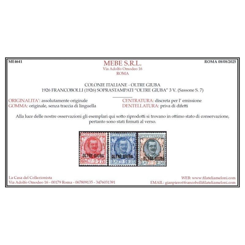 COLONIE OLTRE GIUBA 1926 FRANCOBOLLI SOPR. 3 VALORI G.I MNH** CERT....