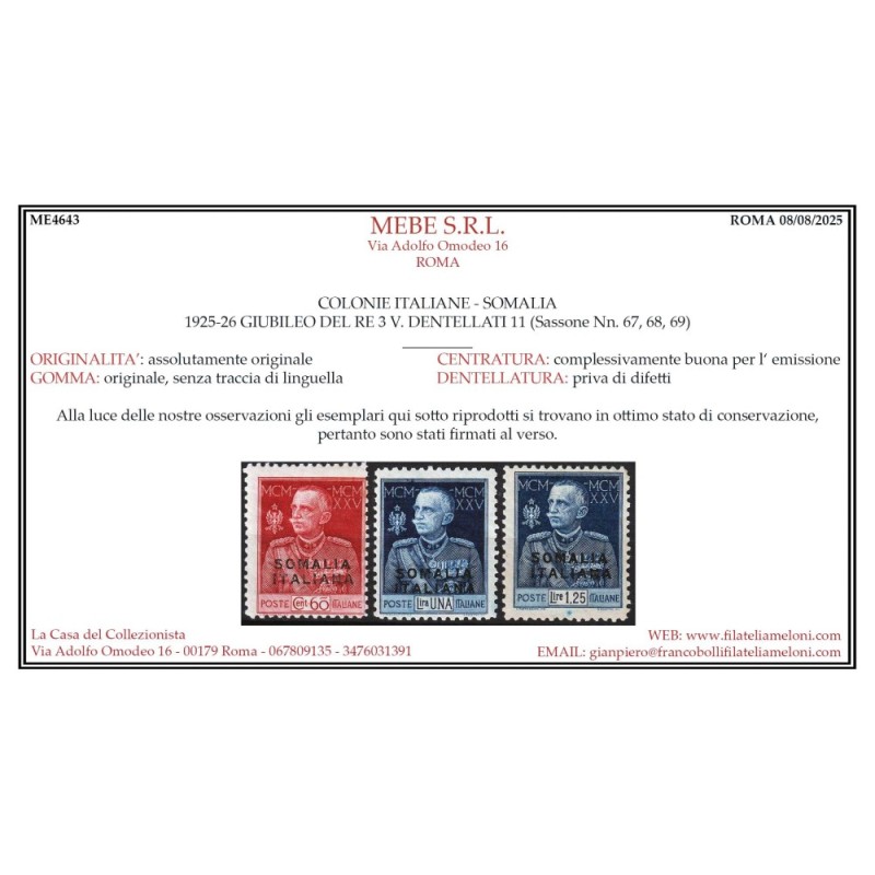 COLONIE SOMALIA 1925-26 GIUBILEO DEL RE 6 VALORI G.I MNH** CERT.  |...