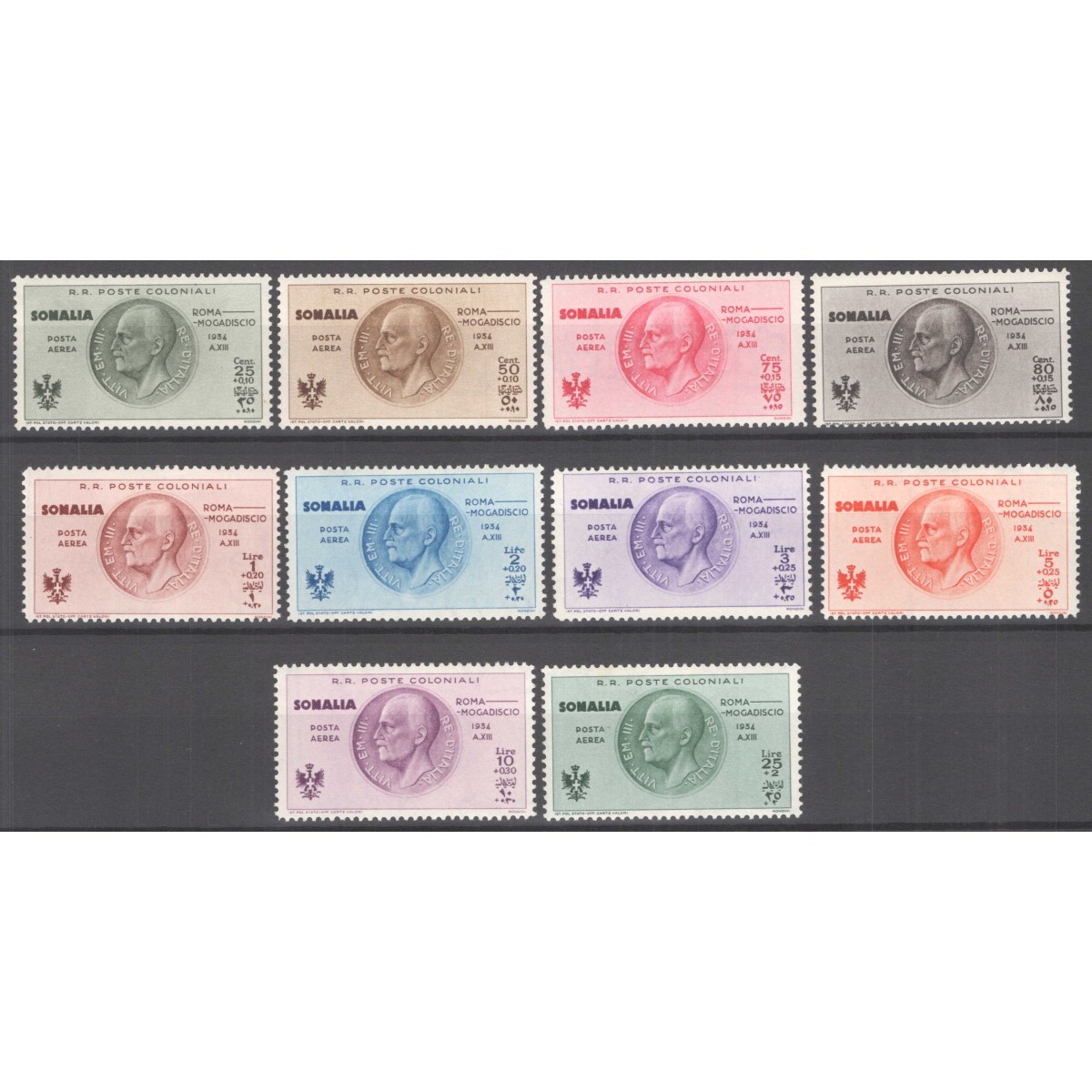 COLONIE SOMALIA 1934 POSTA AEREA VOLO ROMA MOGADISCIO 10 V. G.I MNH... COLONIE SOMALIA 1934 POSTA AEREA VOLO ROMA MOGADISCIO 10 V. G.I MNH...