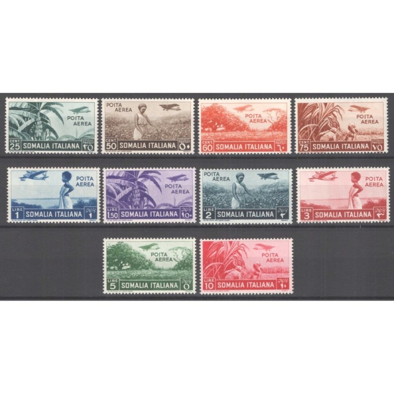 COLONIE SOMALIA 1936 POSTA AEREA SOGGETTI AFRICANI 10 V. G.I MNH** ...