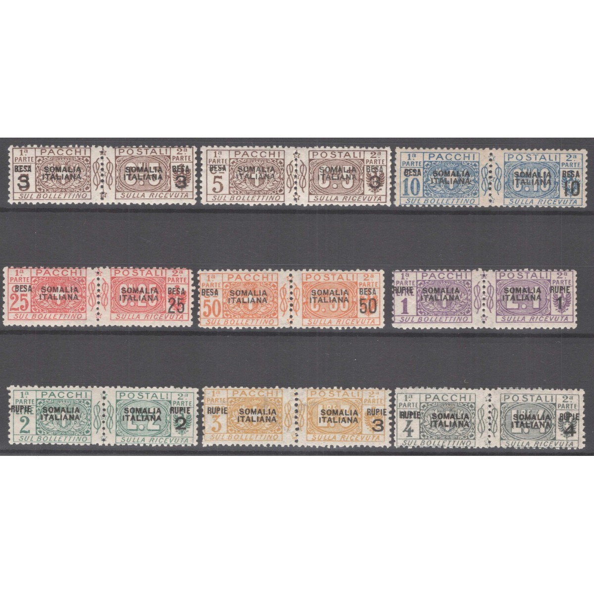 COLONIE SOMALIA 1923 PACCHI POSTALI BESA 9 V. N.21-29 G.I MNH** CER... COLONIE SOMALIA 1923 PACCHI POSTALI BESA 9 V. N.21-29 G.I MNH** CER...