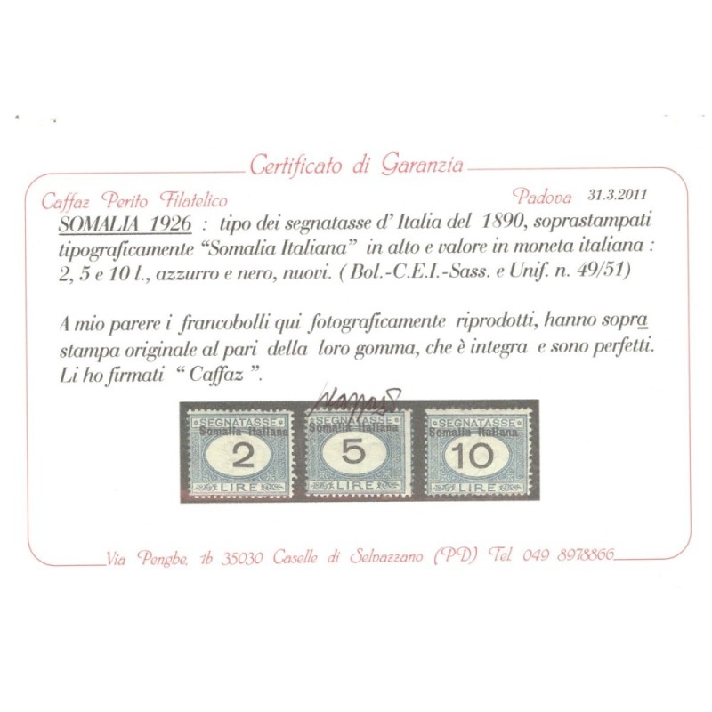 COLONIE SOMALIA 1926 SEGNATASSE 11 VALORI N.41-51 G.I MNH** CERT.  ...