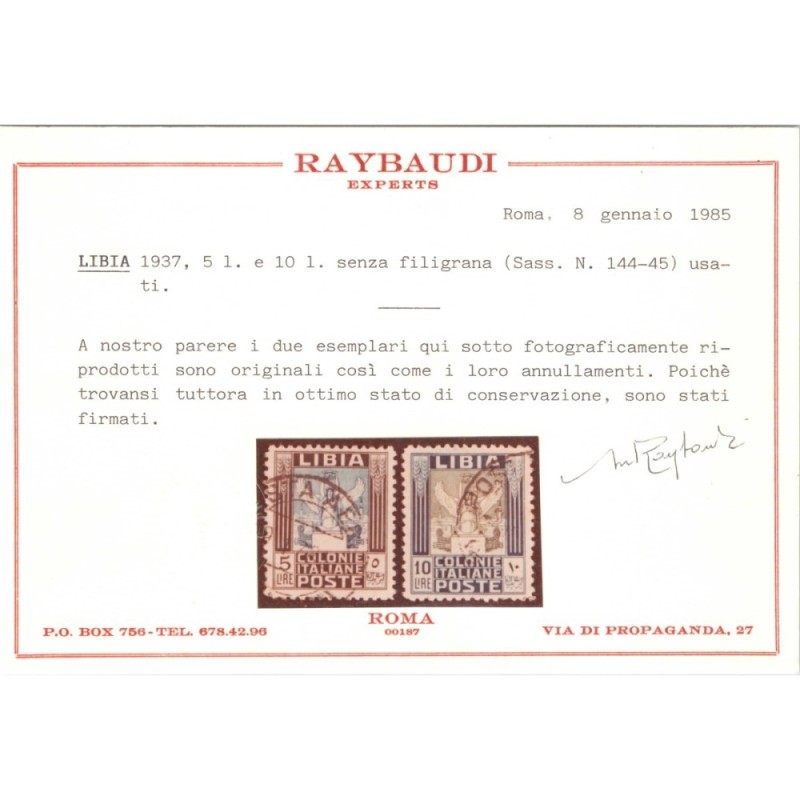COLONIE LIBIA 1937 PITTORICA 2 V. DENT.11 US. CERT.  | Filatelia Me...