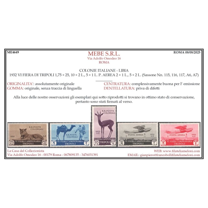 COLONIE LIBIA 1932 VI FIERA DI TRIPOLI 14 V. G.I MNH** CERT.  | Fil...