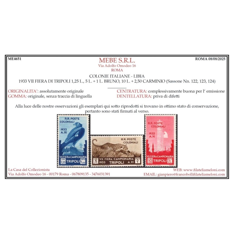 COLONIE LIBIA 1933 VII FIERA DI TRIPOLI 13 V. G.I MNH** CERT.  | Fi...