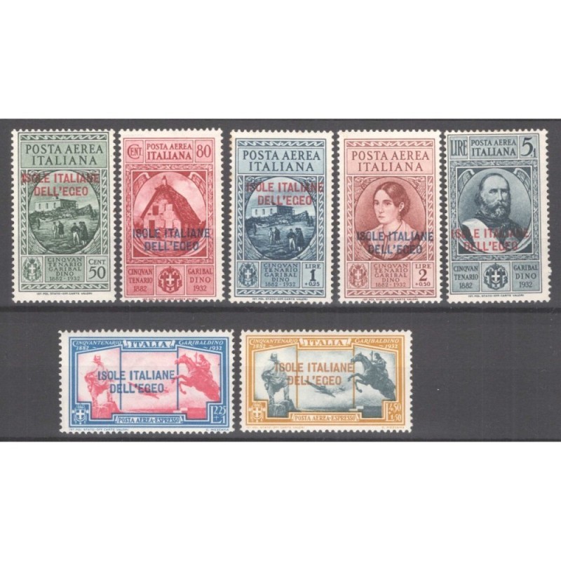 COLONIE EGEO 1932 POSTA AEREA GARIBALDI 7 V. G.I MNH** CERT.  | Fil...