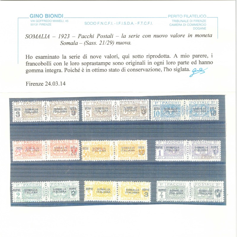 COLONIE SOMALIA 1923 PACCHI POSTALI BESA 9 V. N.21-29 G.I MNH** CER...