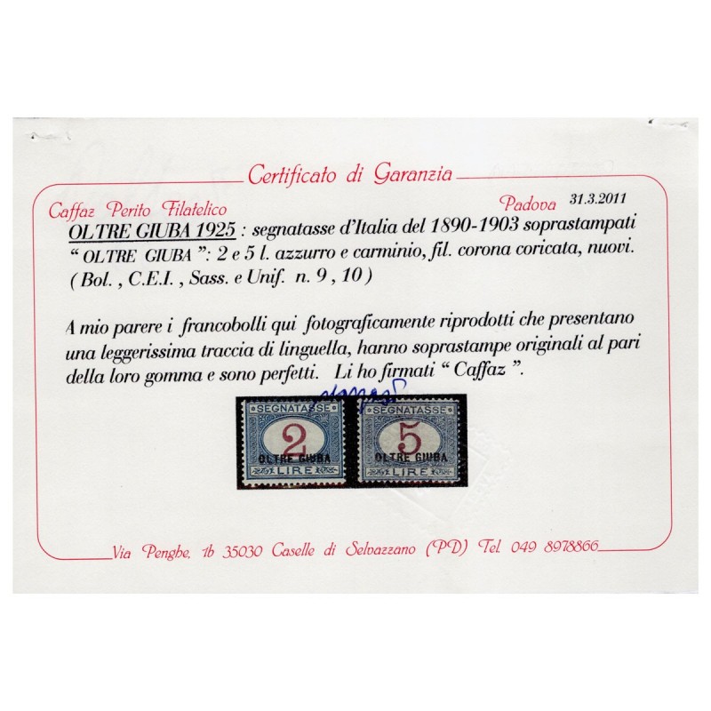 COLONIE OLTRE GIUBA 1925 SEGNATASSE 10 VALORI G.I MNH** CERT.  | Fi...