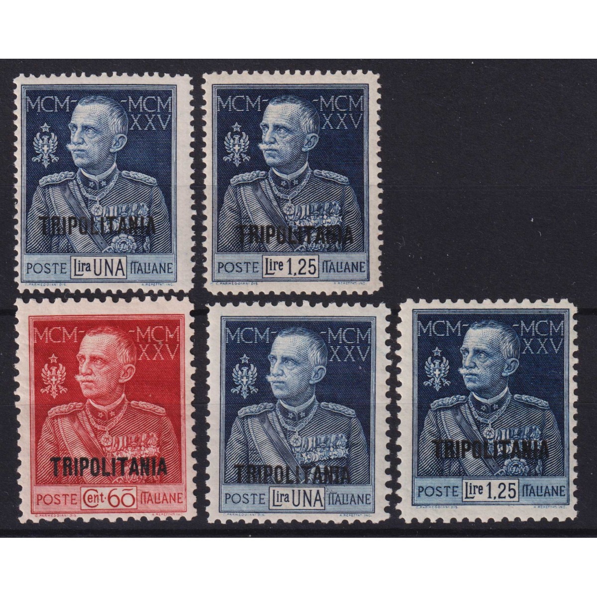 TRIPOLITANIA 1925-26 GIUBILEO DEL RE DENT.11 5 V. N.23-25 G.I MNH**... TRIPOLITANIA 1925-26 GIUBILEO DEL RE DENT.11 5 V. N.23-25 G.I MNH**...