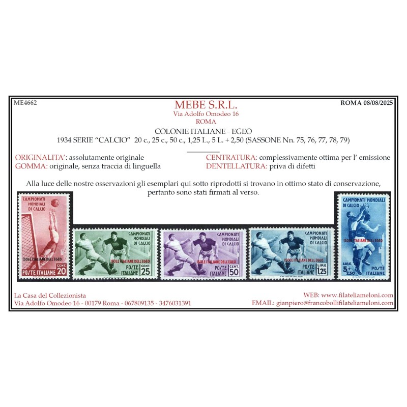 COLONIE EGEO 1934 CALCIO 9 V. G.I MNH** CERT.  | Filatelia Meloni