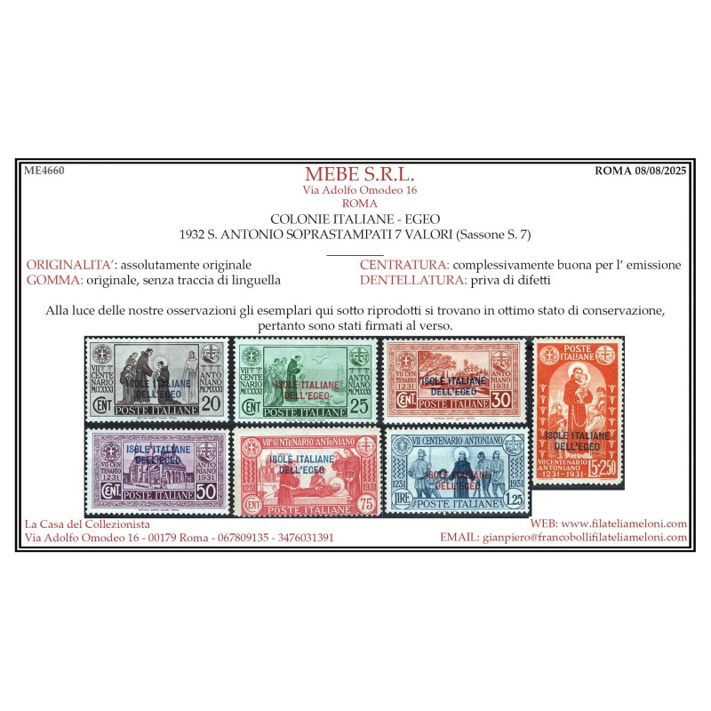 COLONIE EGEO 1932 S. ANTONIO 7 VALORI G.I MNH** CERT.  | Filatelia ...